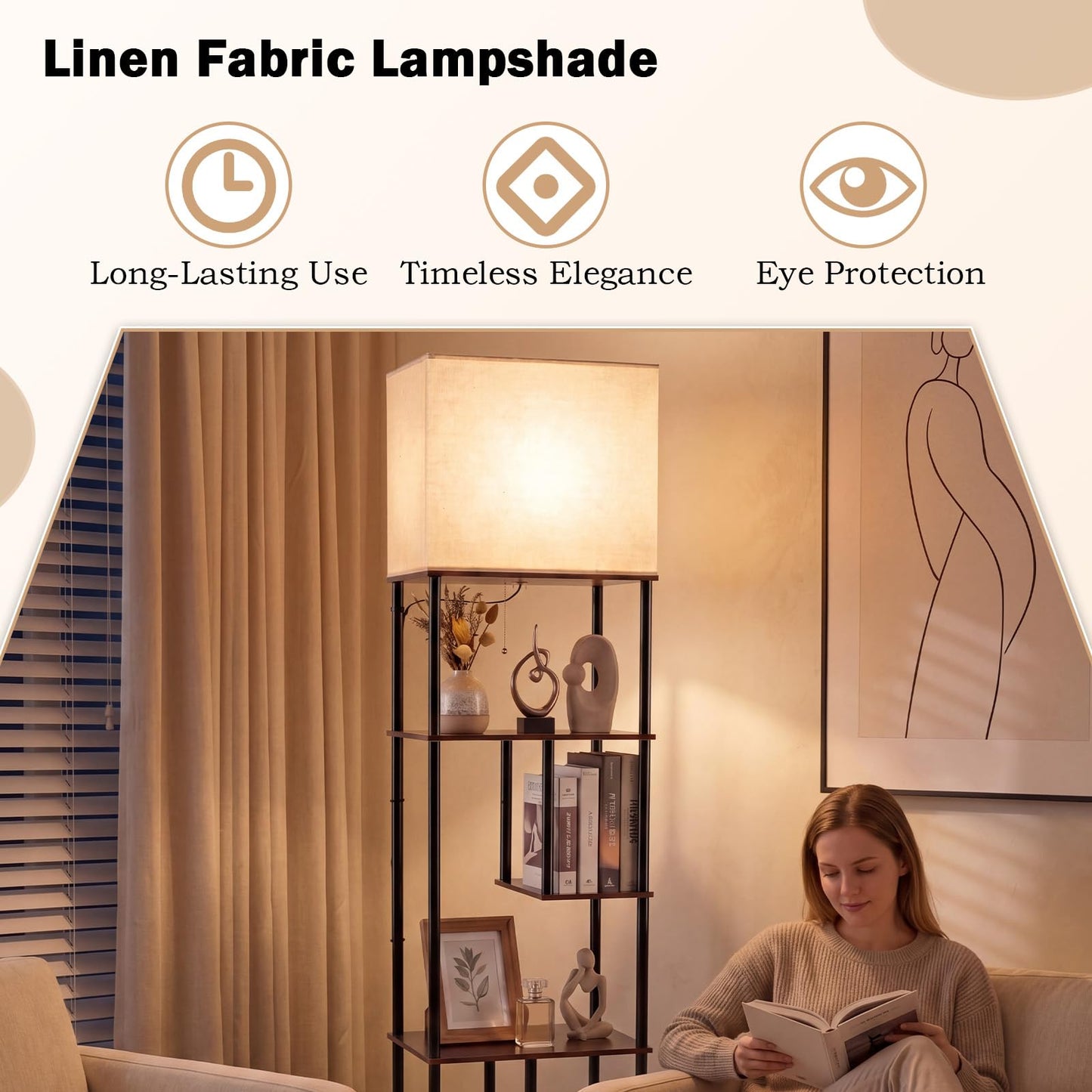 Floor Lamp with Shelves, 5-Tier Tall Standing Lamp with Linen Fabric Shade