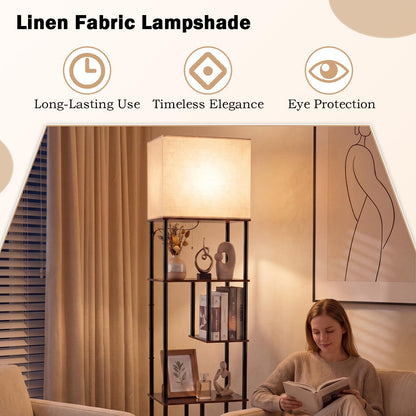 Floor Lamp with Shelves, 5-Tier Tall Standing Lamp with Linen Fabric Shade