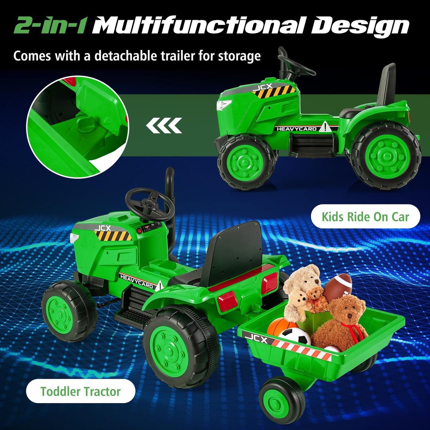 Electric Ride on Tractor, 12V Kids Toy Car with Detachable Trailer