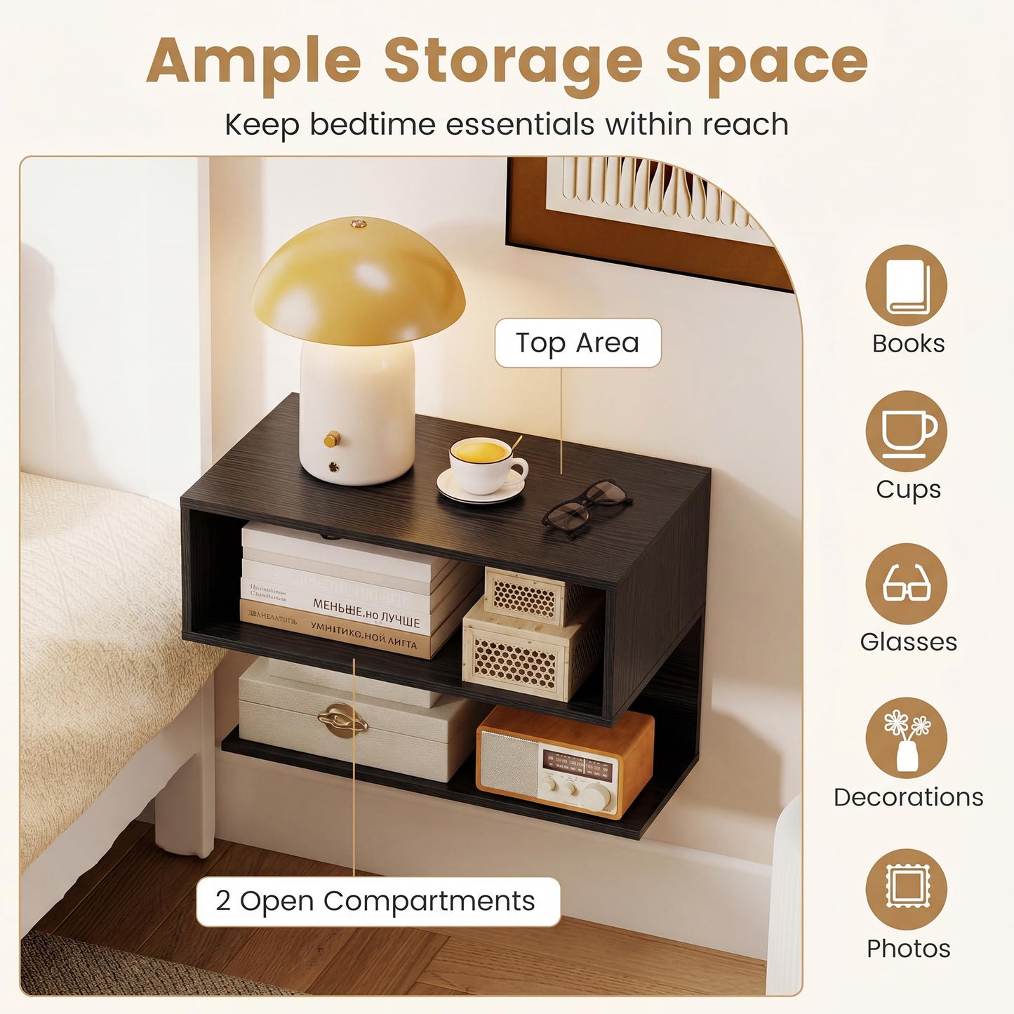 Floating Bedside Table, Wall Mounted Nightstand