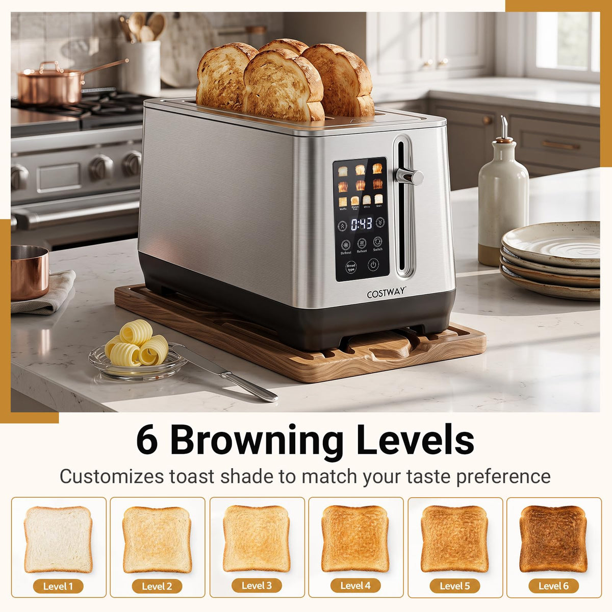 Stainless Steel Toaster with 6 Browning Levels and 4 Bread Types