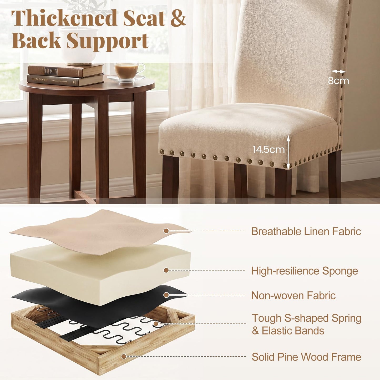 Set of 2 Dining Chairs with High Back, and Solid Rubber Wood Legs