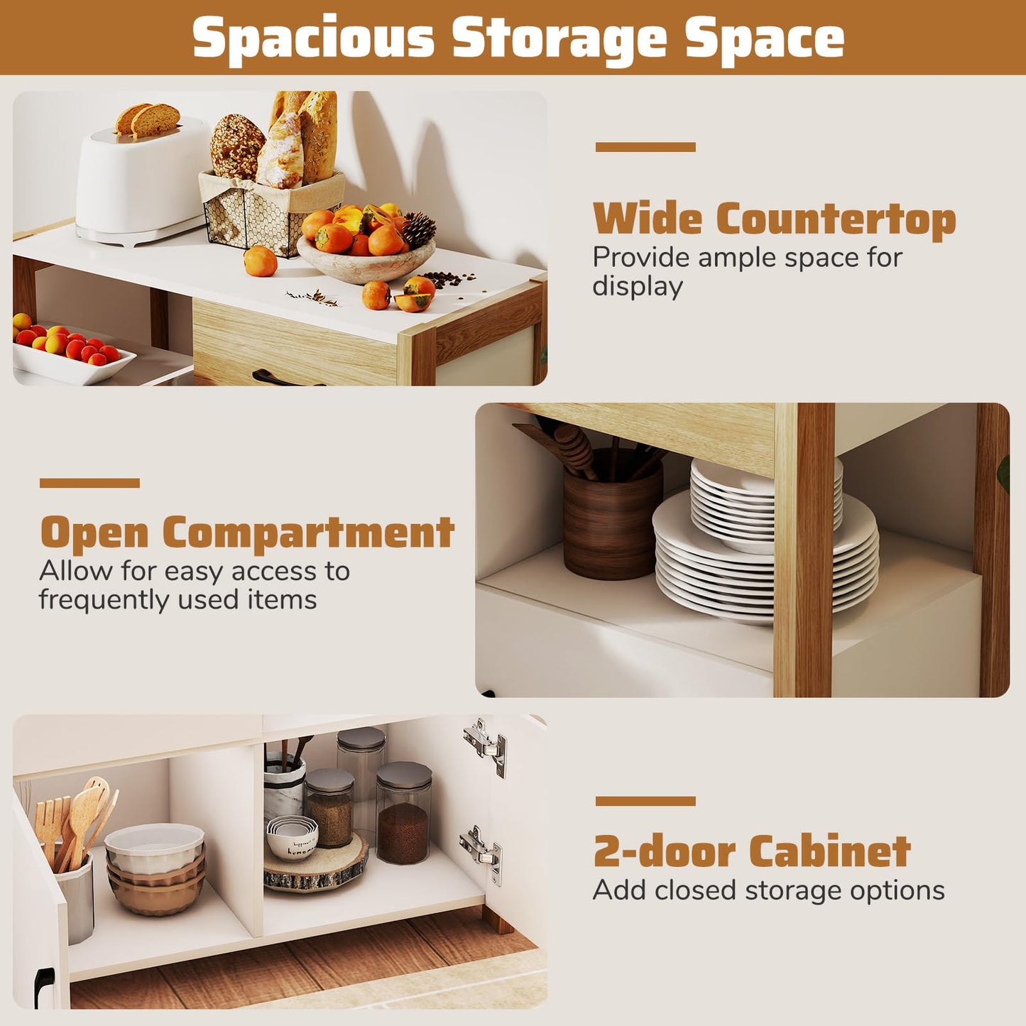 Wooden Buffet Sideboard with 2 Doors Drawer Open Compartments