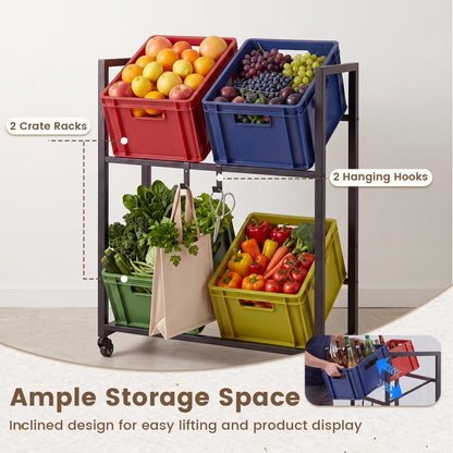 Rolling Drink Crate Rack for 4 Box, Metal Bottle Storage Shelf with 4 Wheels