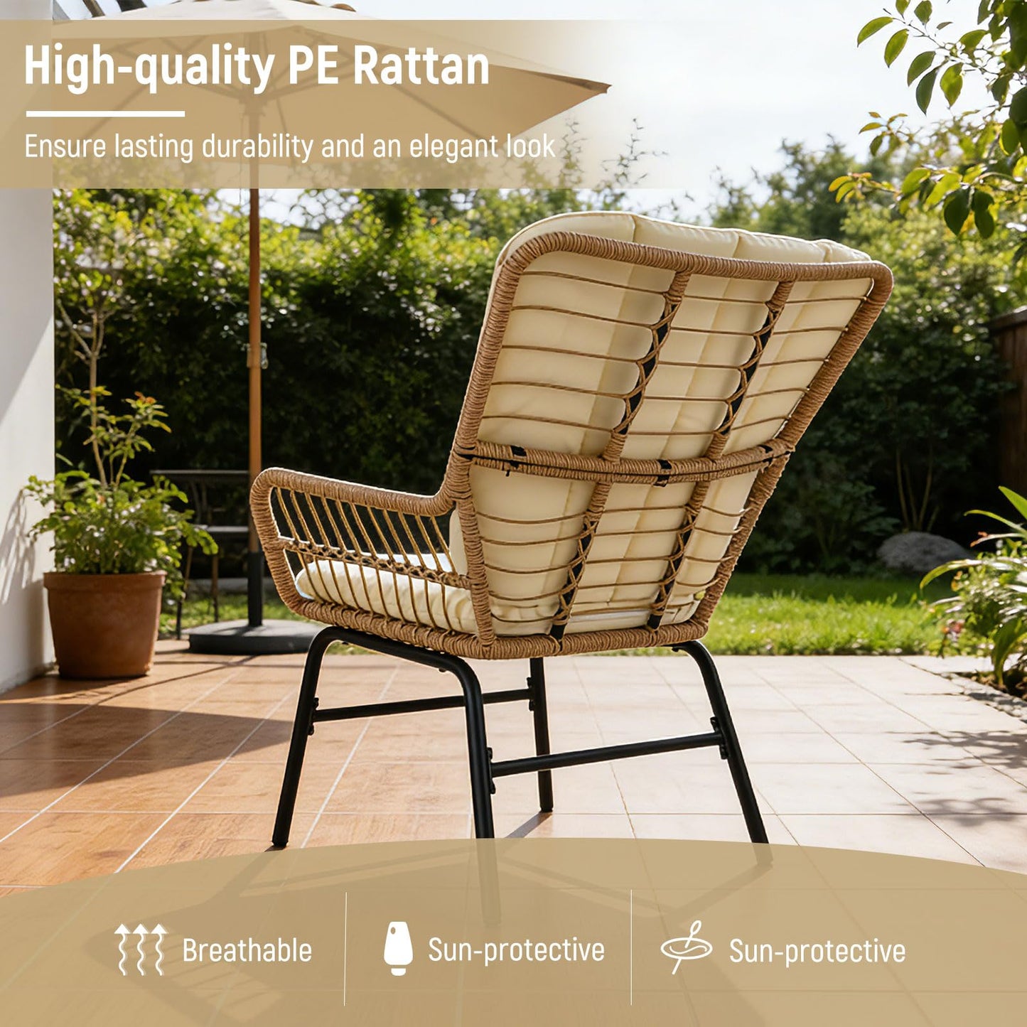 3 Pieces Patio Bistro Set Outdoor PE Wicker Conversation Set with Tempered Glass Coffee Table