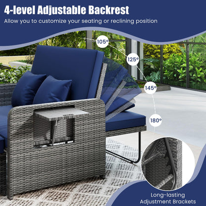 Garden Rattan Daybed, 4-Level Adjustable Patio Wicker Loveseat Sofa Bed Sun Lounger