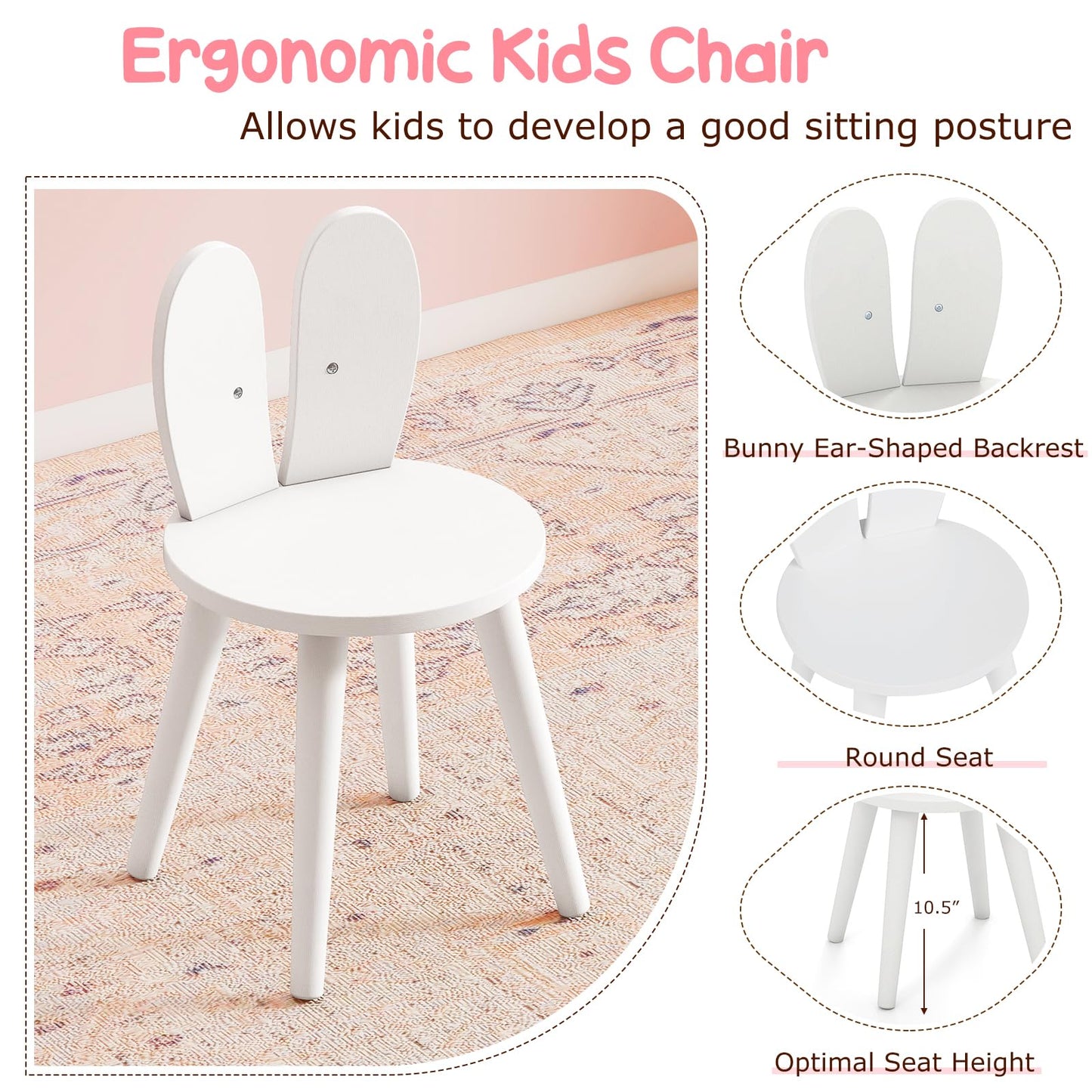 Bunny Kids Vanity Table and Chair Set with Lighted Mirror