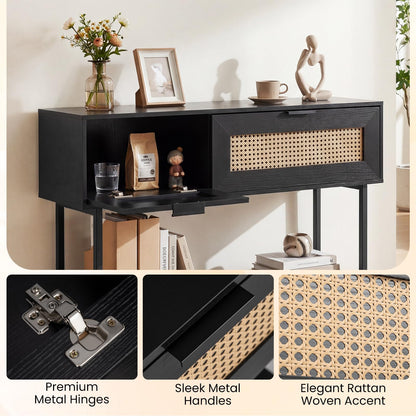 Rattan Console Table Boho Entryway Table with Flip Doors