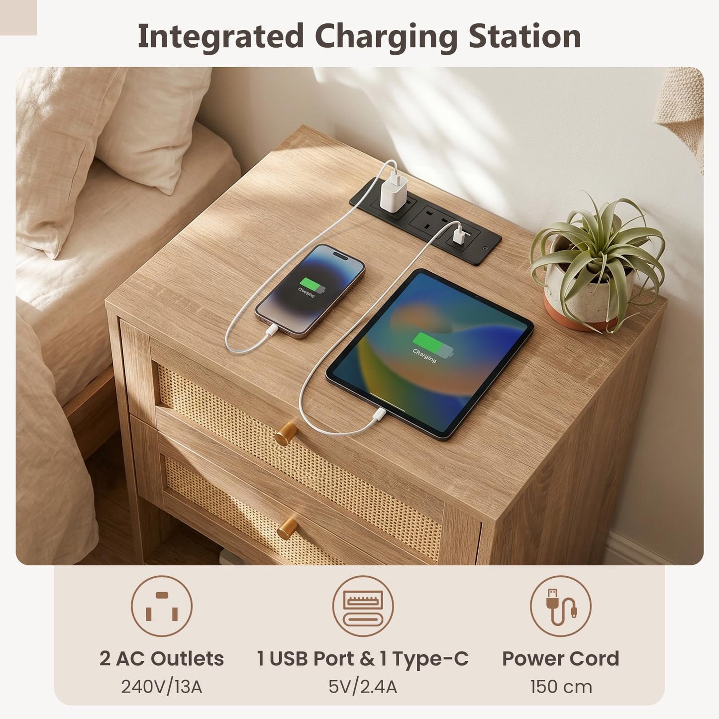 Rattan Bedside Table with Charging Station and LED Lights, Boho Nightstand End Sofa Side Table