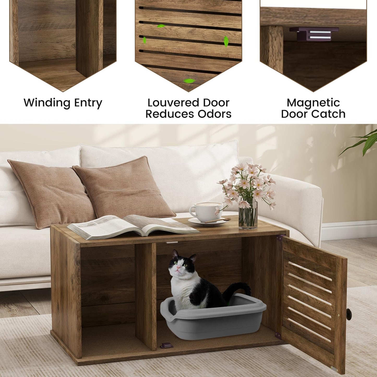 Cat Litter Box Enclosure Hidden Cat Washroom with Winding Entry
