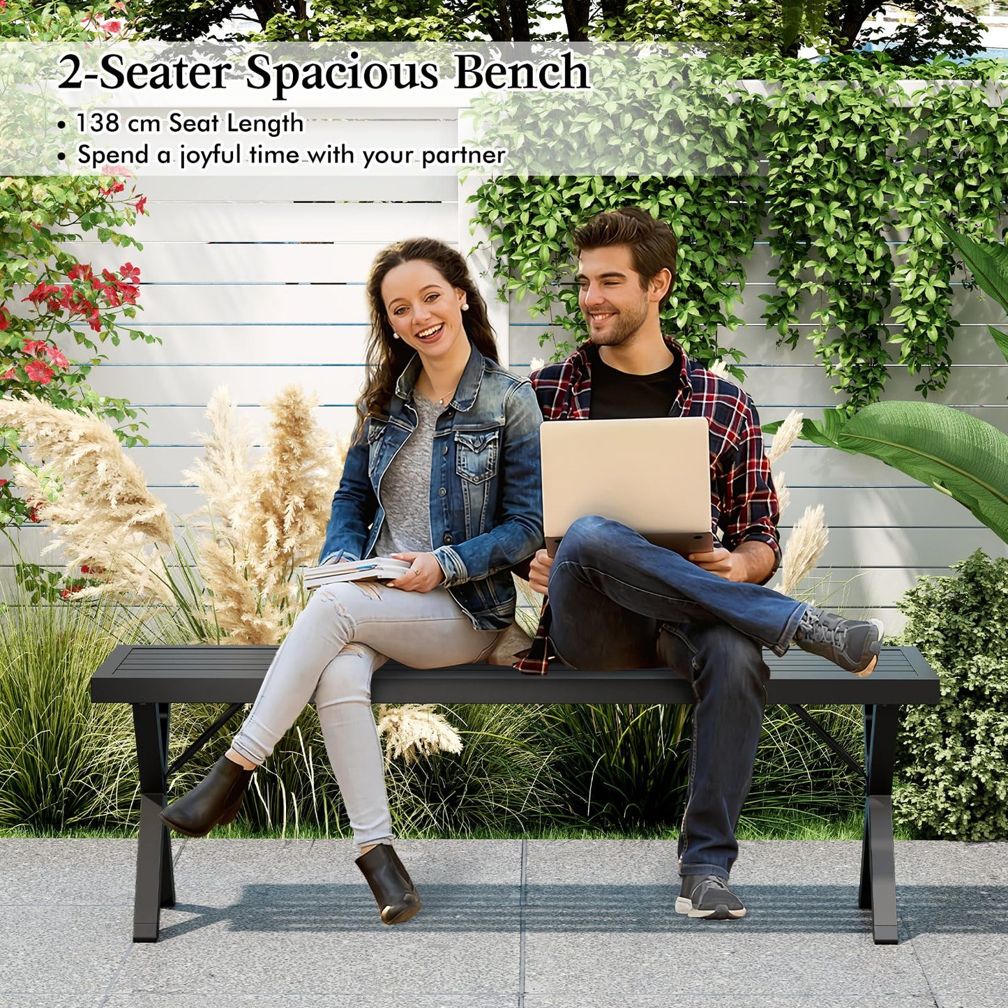 138cm Extra Long Metal Patio Loveseat with Slatted Seat & X Legs