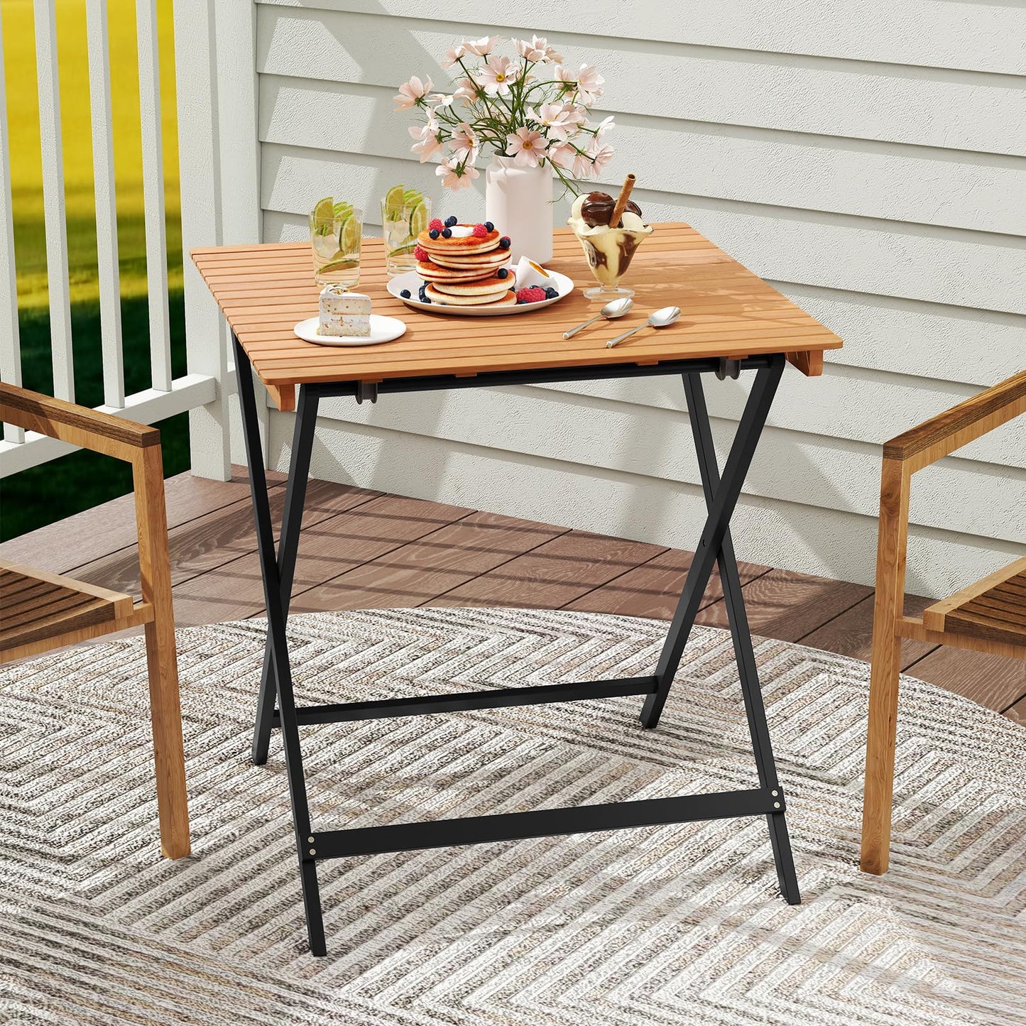 Folding Garden Table, Solid Acacia Wood Outdoor Dining Table with Slatted Top
