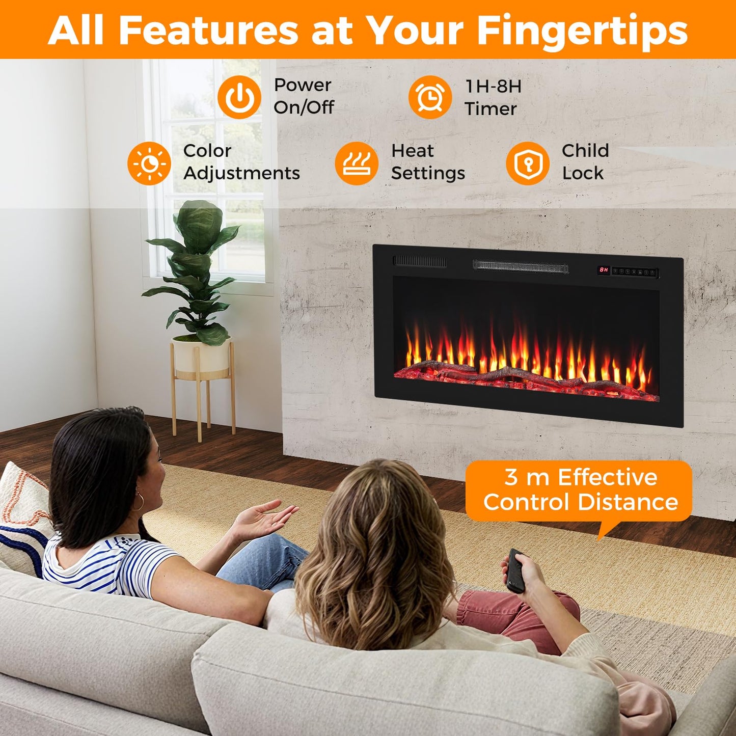 91cm Electric Fireplace with Remote and Multicolour Flame