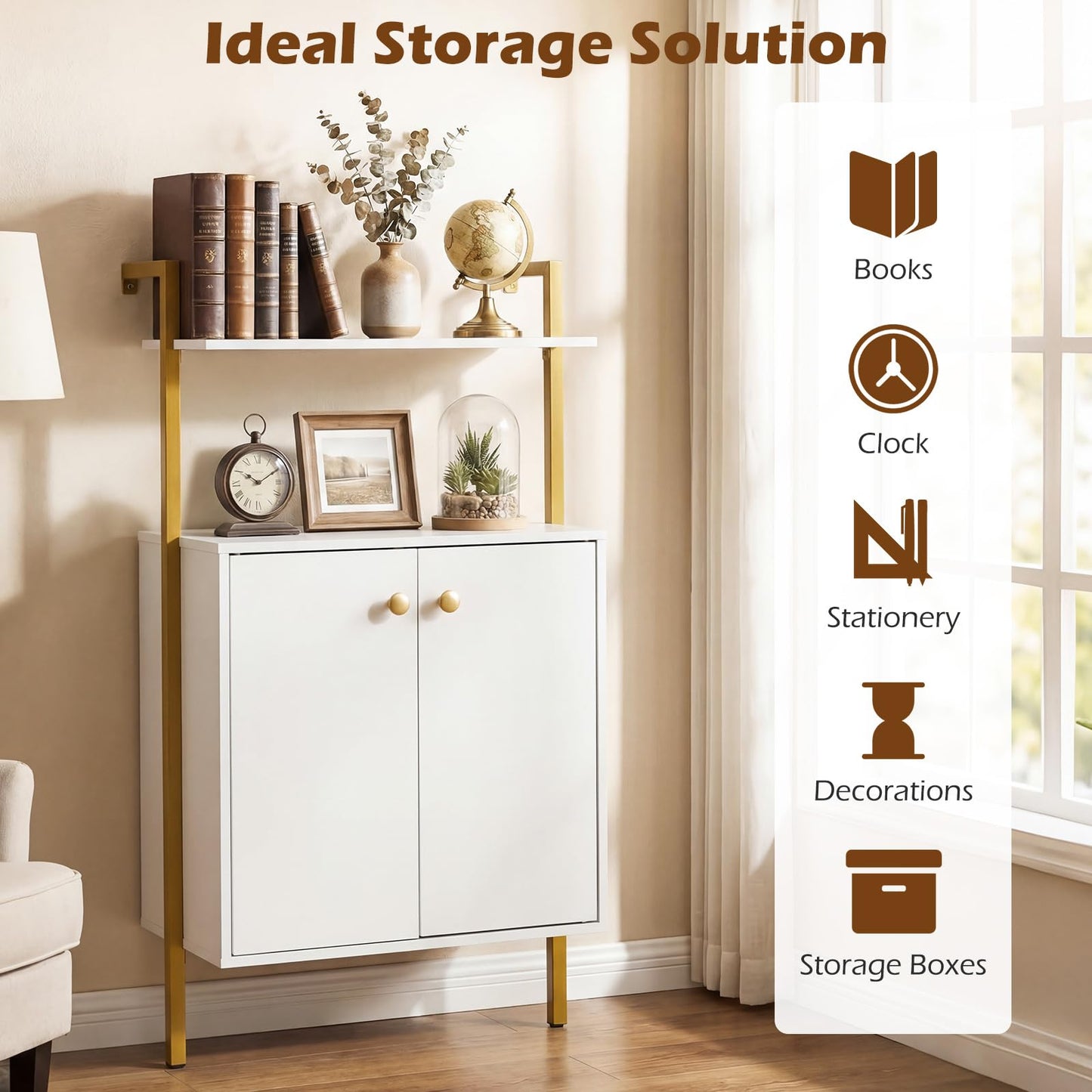 Wall Mounted Bookshelf with 2-Doors Cabinet, 4-Tier Wall Storage Bookcase Shelving Unit