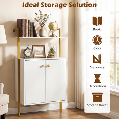 Wall Mounted Bookshelf with 2-Doors Cabinet, 4-Tier Wall Storage Bookcase Shelving Unit