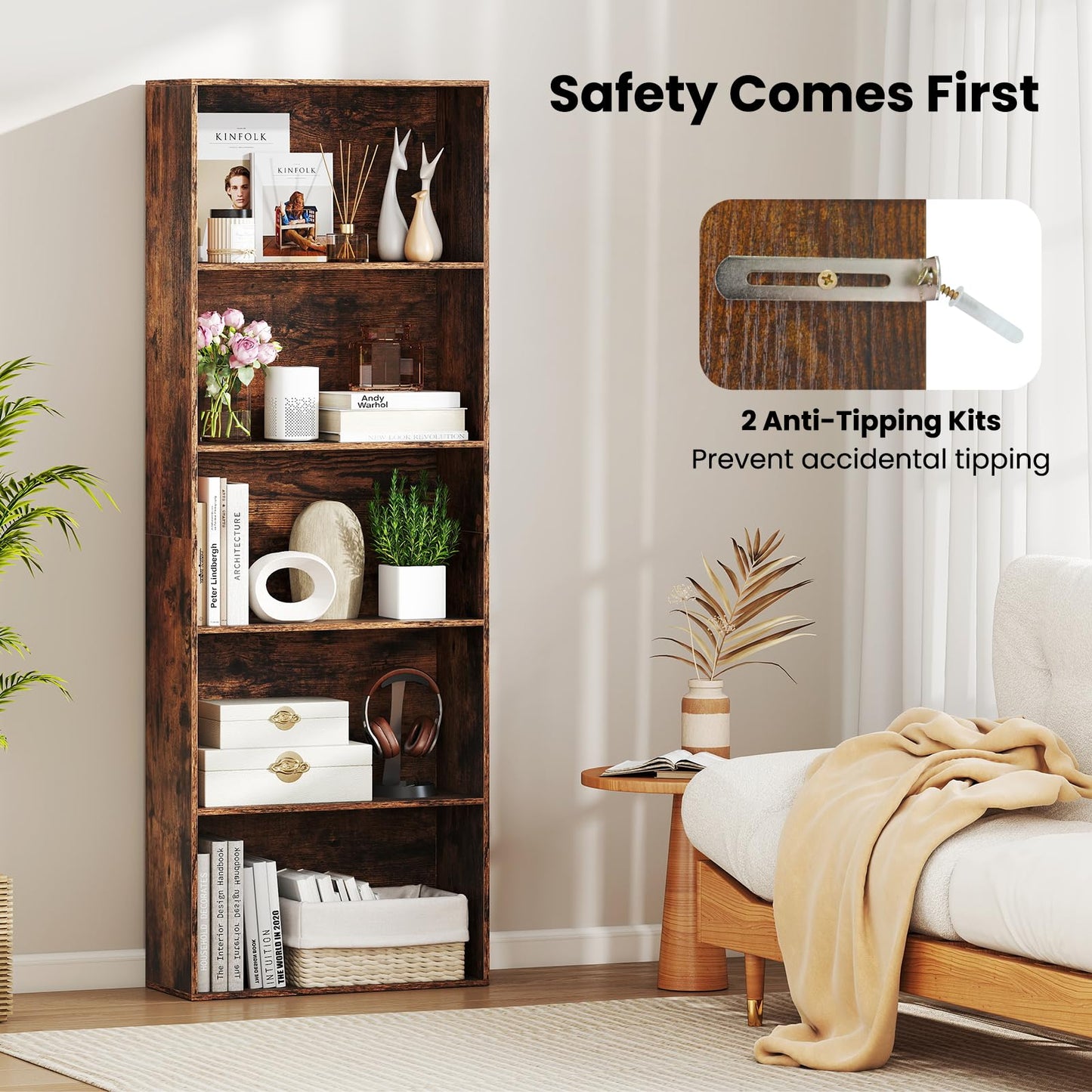 5-Tier Bookshelf with Freestanding Display Shelf and Storage Organizer for Living Room