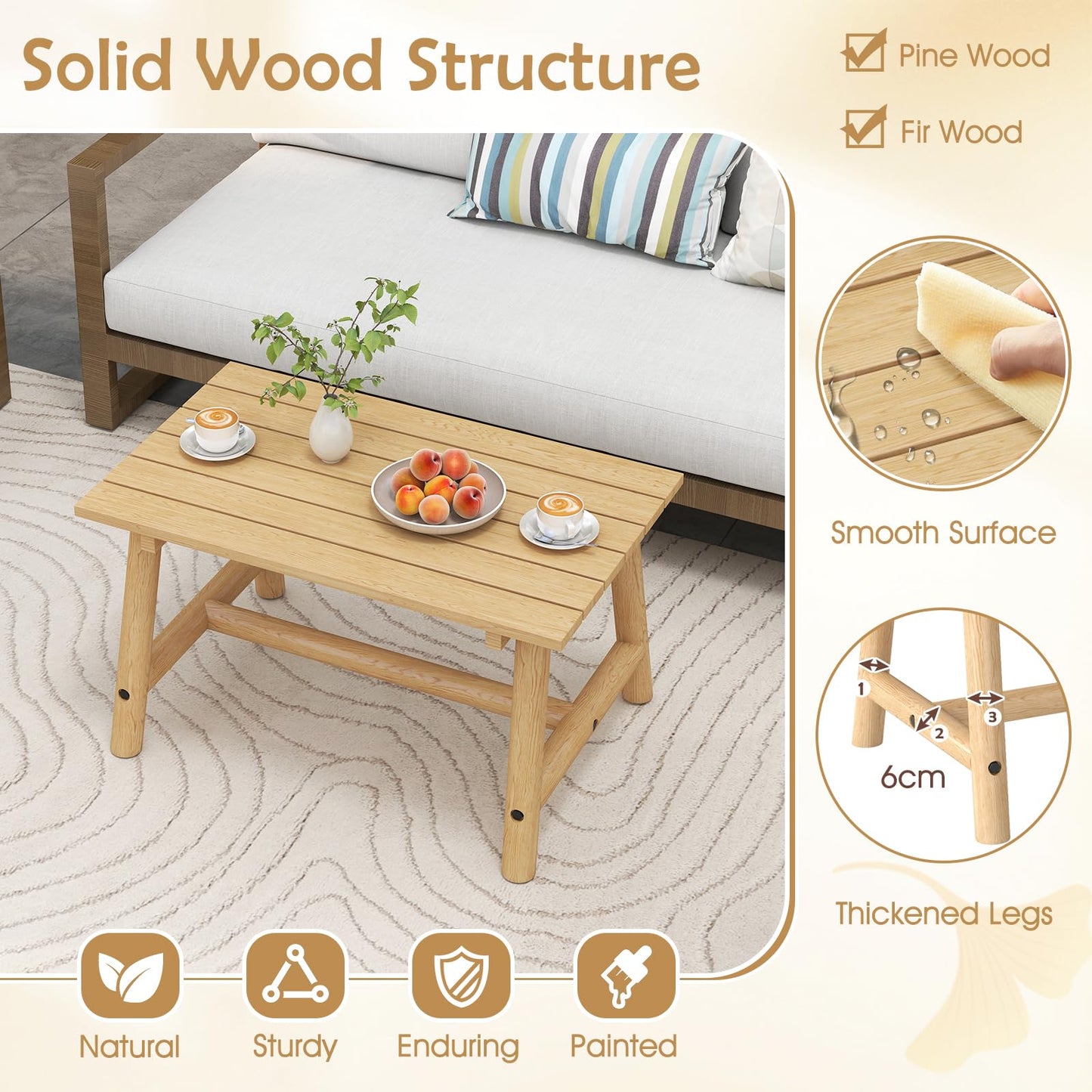Outdoor Rectangle Coffee Table Solid Wood Patio Table with Slatted Tabletop for Garden Lawn