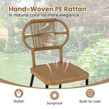 Outdoor Dining Table with 2 Varied-Size Stackable Rattan Chairs & Shelf