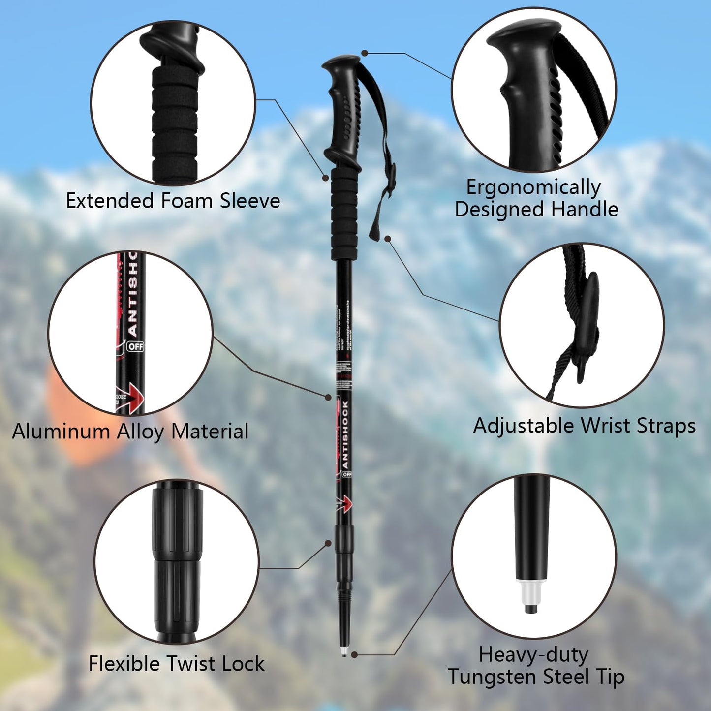 Hiking Pole Aluminum Trekking Pole Walking Pole Adjustable 65-135 cm