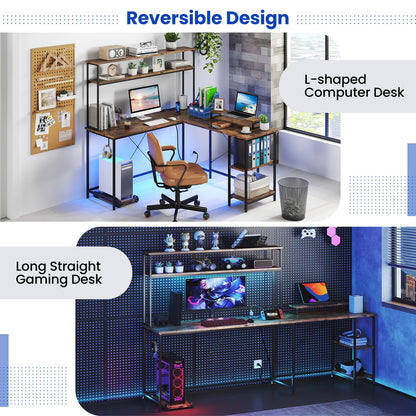 L-Shaped Gaming Desk with LED Strip and Power Outlets