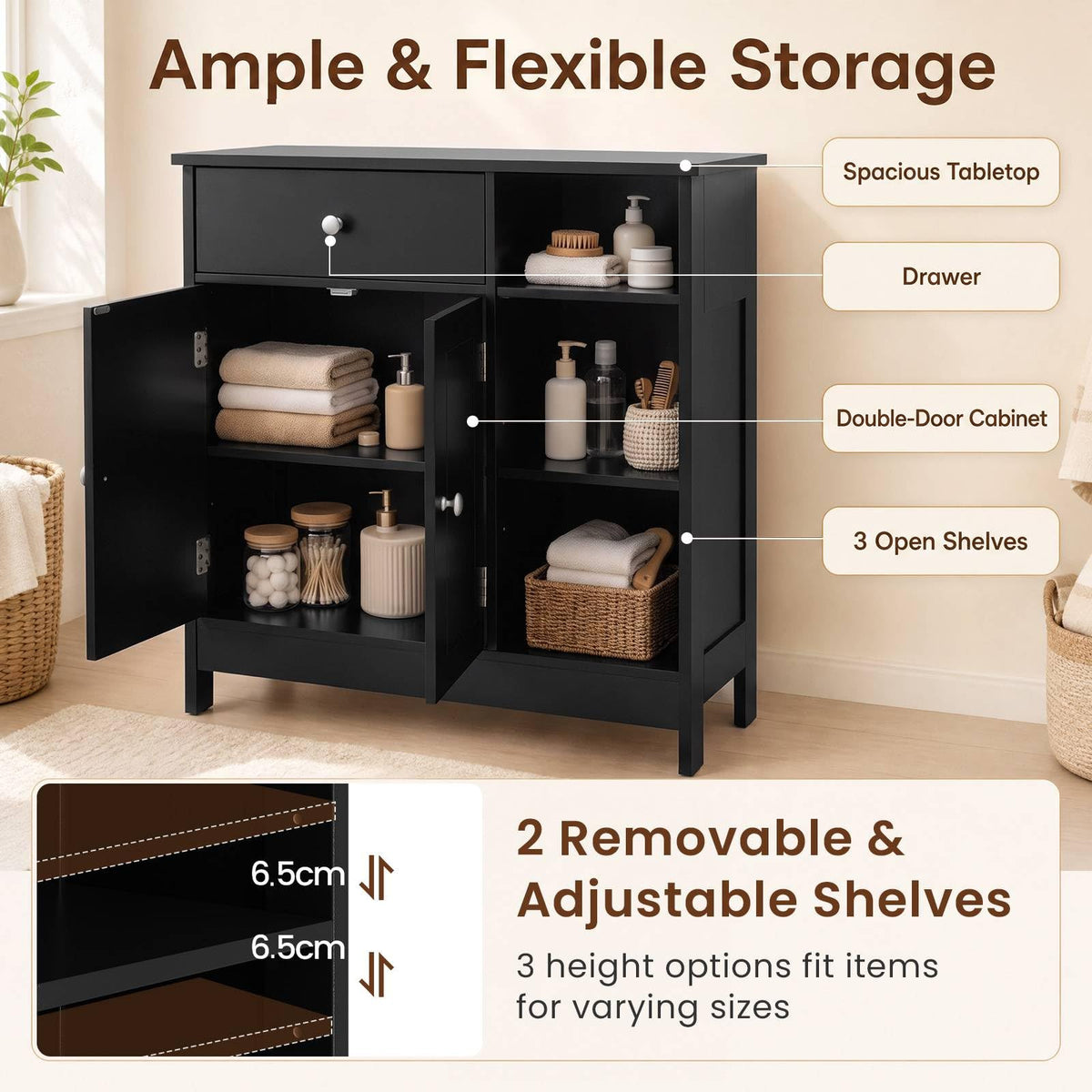Bathroom Floor Cabinet with Drawer, Adjustable Shelves