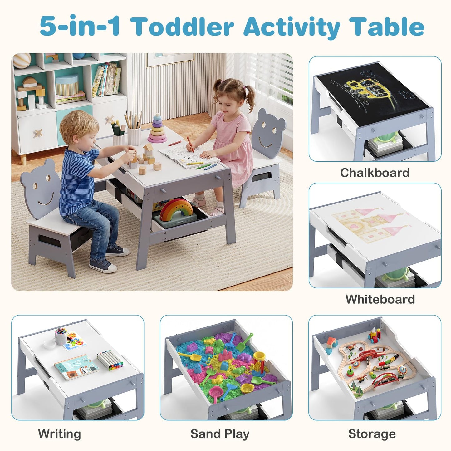 Kids Table and Chairs, Multifunctional Activity Desk with Chalkboard & Whiteboard
