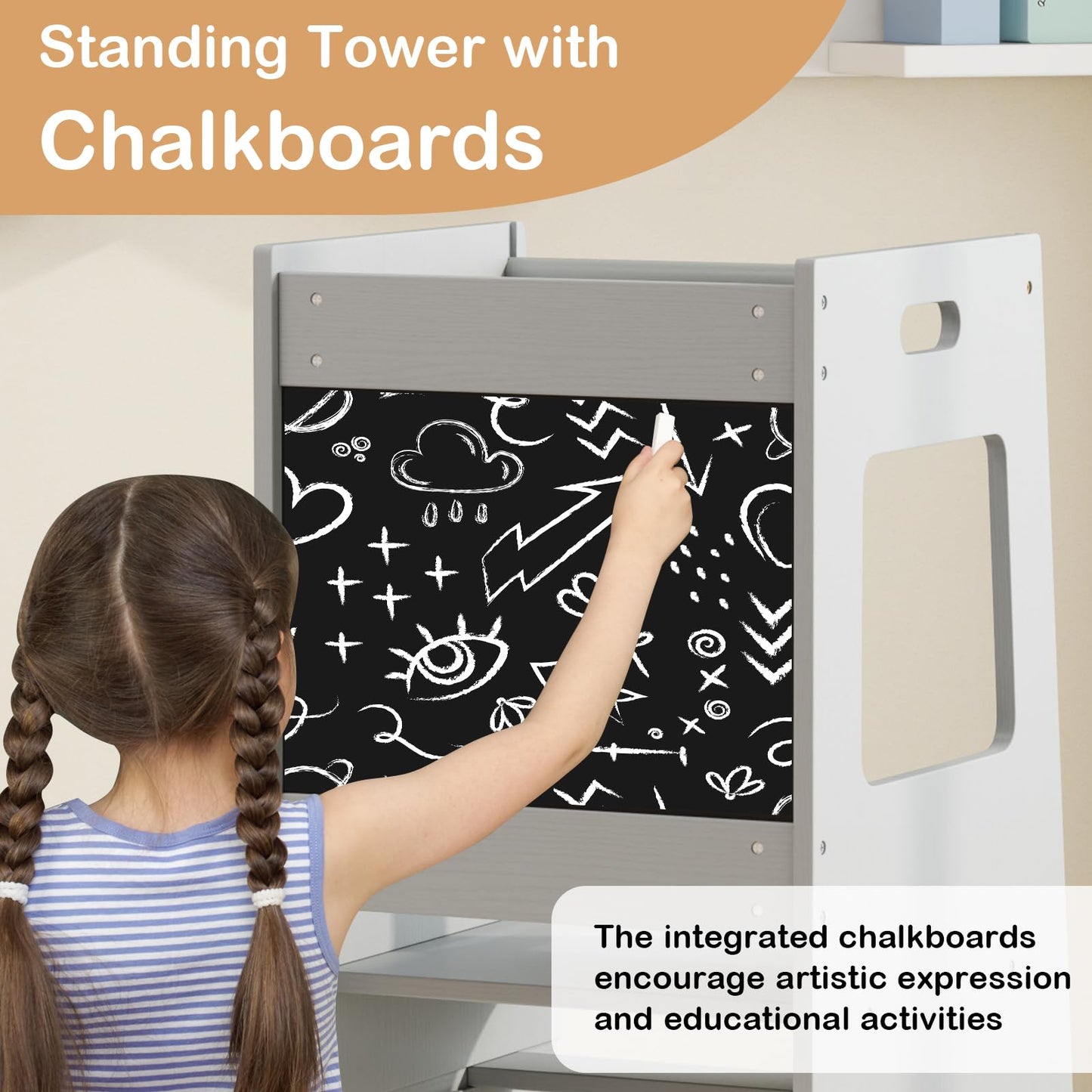 Height Adjustable Learning Tower with Safety Rail