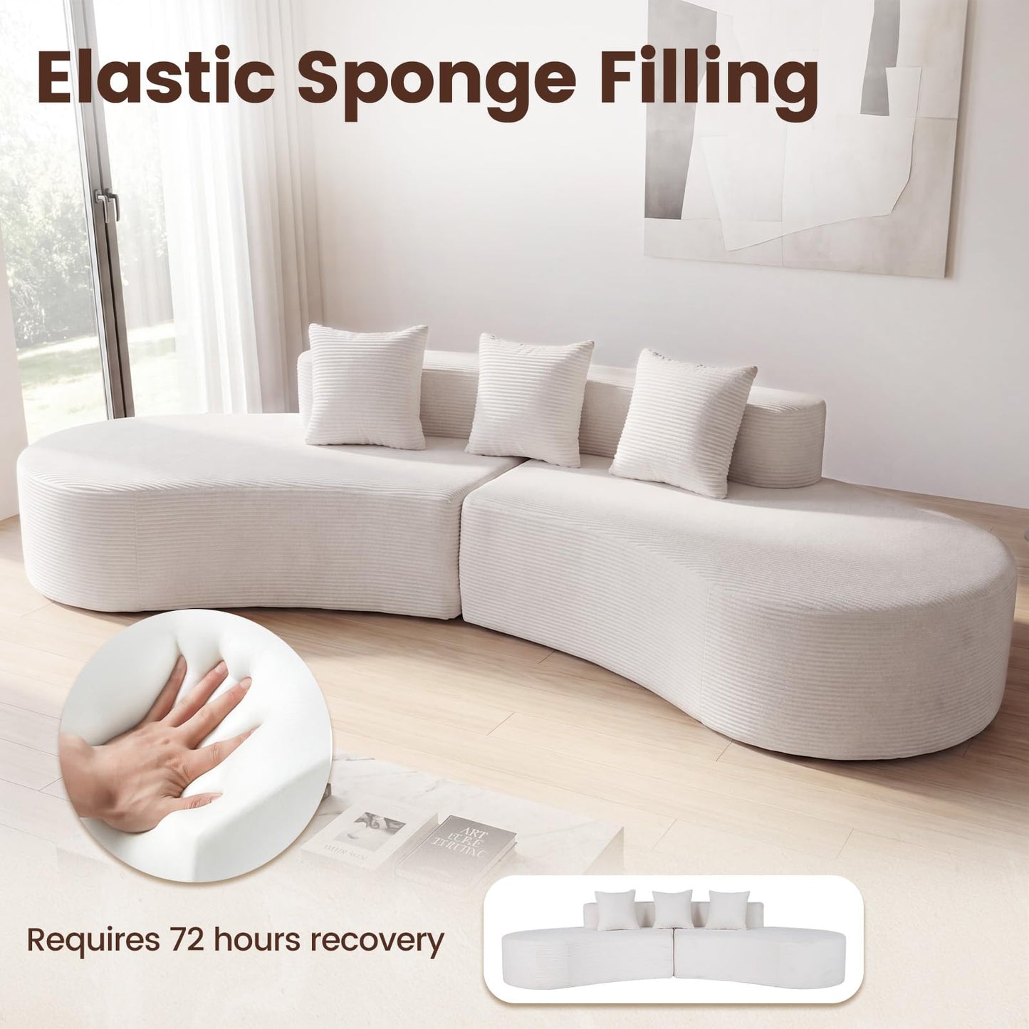 306cm Curved Sofa Couch, 5-Seater Sectional Boneless Sofa Bed with 3 Comfy Pillows