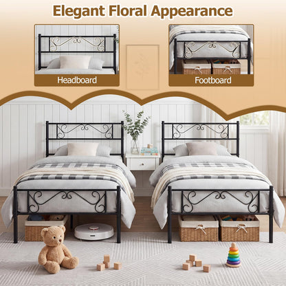3ft Single Bed Frame, Metal Platform Bed Base with Floral Headboard