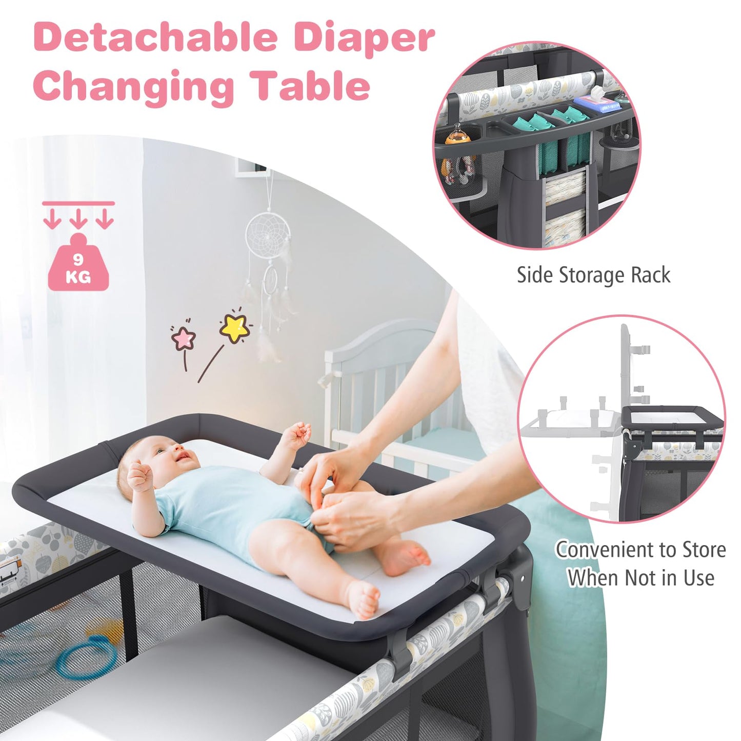 5 in 1 Portable Pack and Play with Bassinet and Mattress