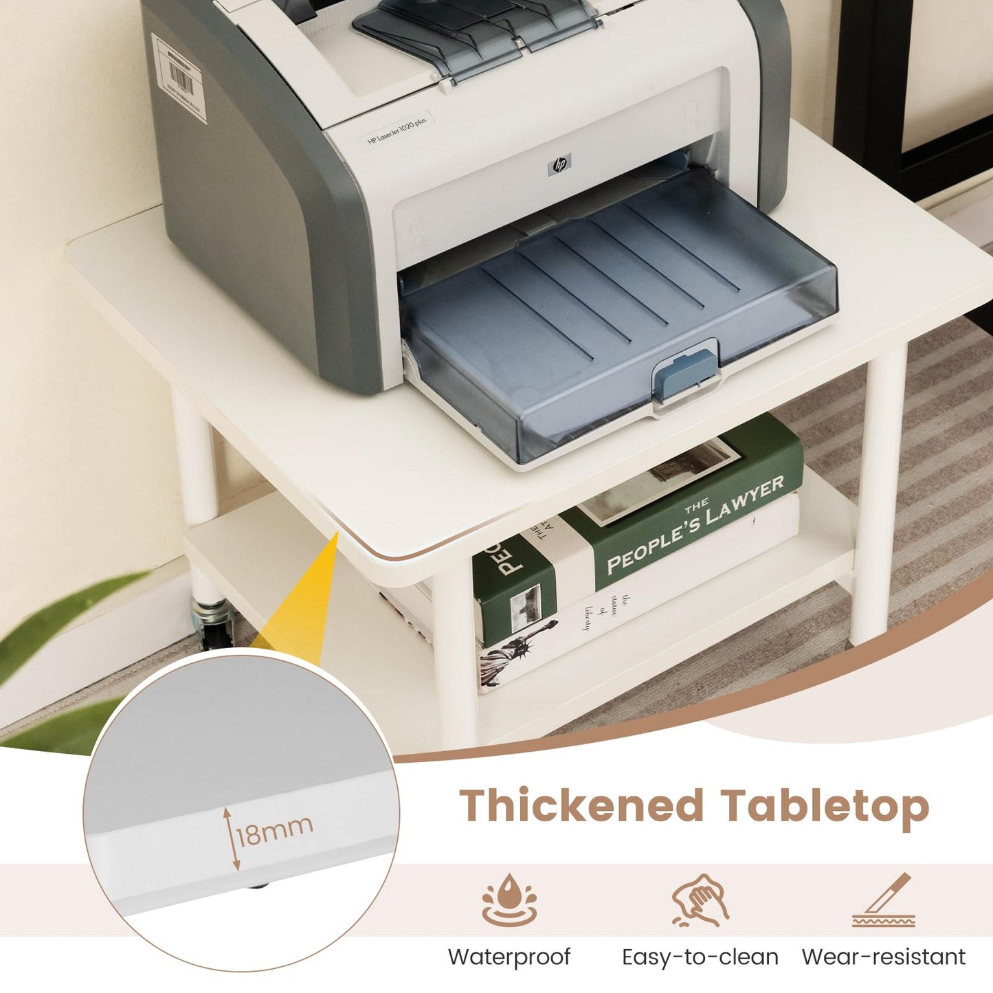 2 Tier Wooden Printer Stand with 360° Swivel Casters