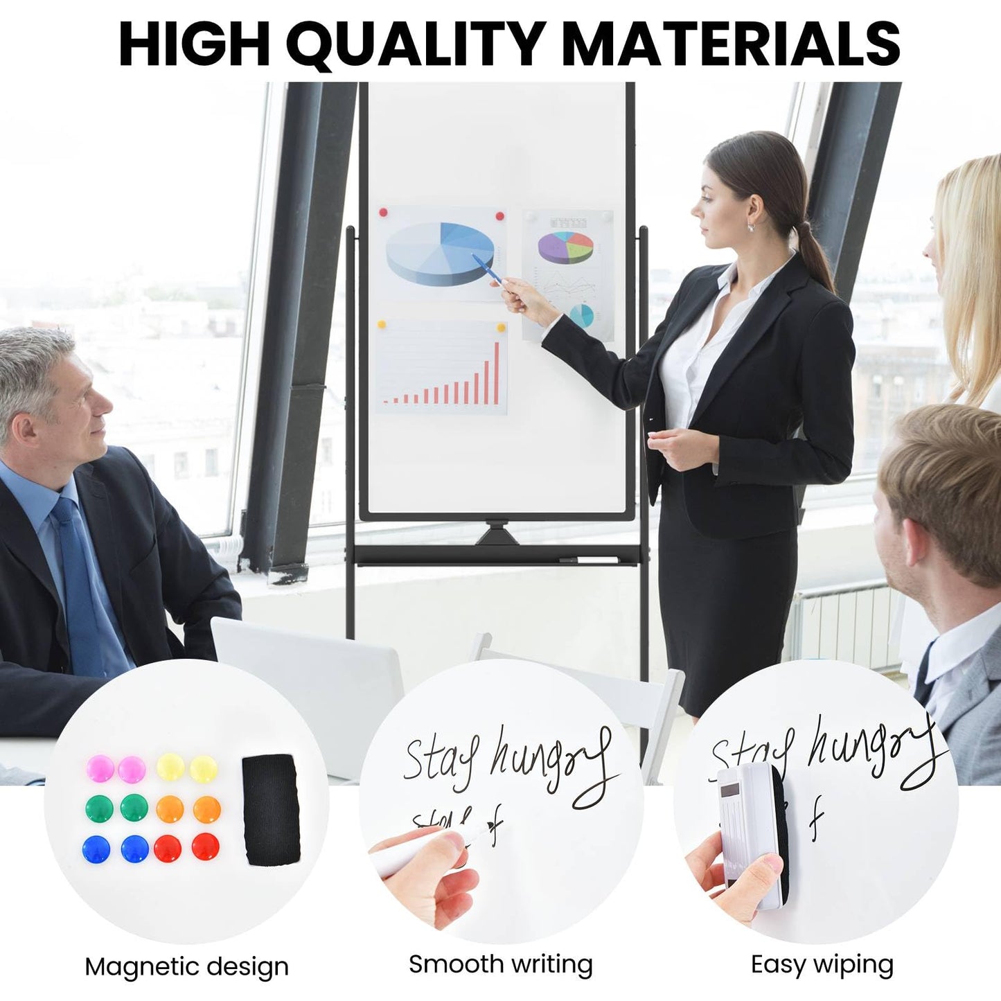 Reversible Rolling White Board with Black Markers and Board Eraser