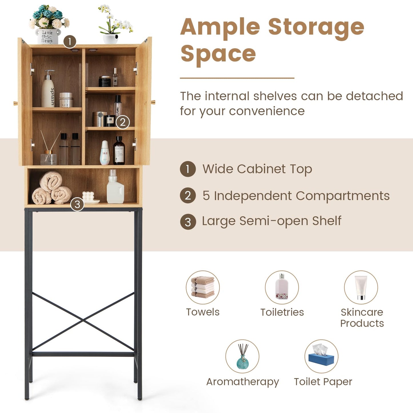 Over The Toilet Freestanding Toilet Storage Cabinet with Rattan Doors