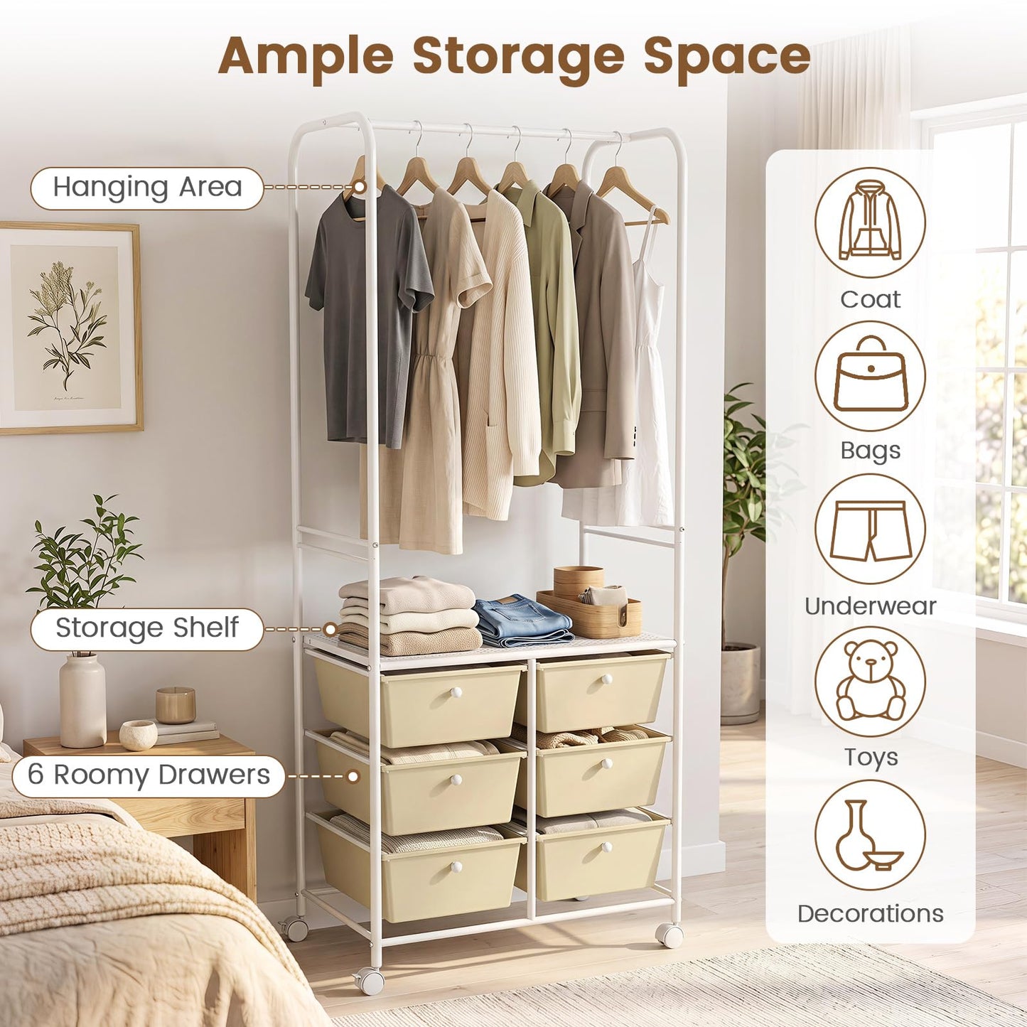 Clothes Rail on Wheels, Clothes Rack with 6 Drawers, Storage Shelf
