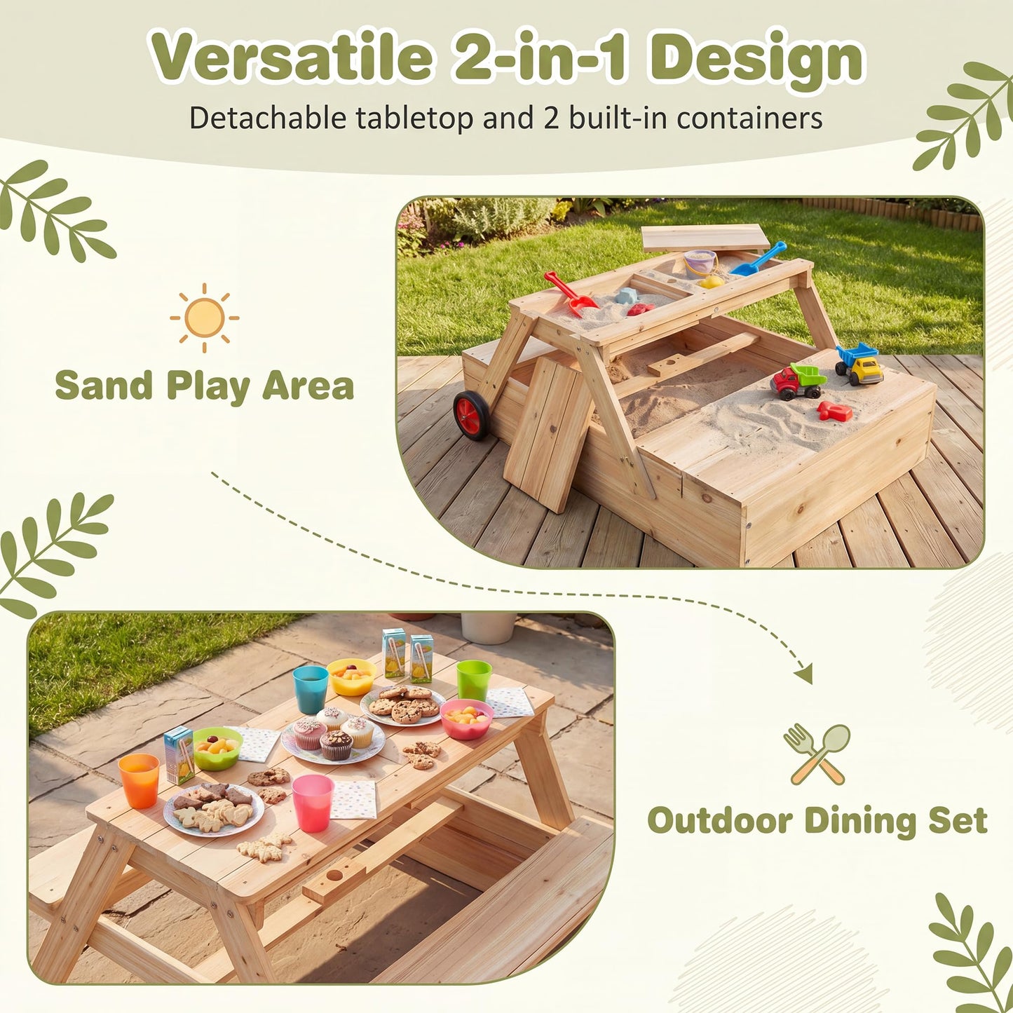 Kids Picnic Table with Sandbox, Wooden Children Garden Table and Bench Set
