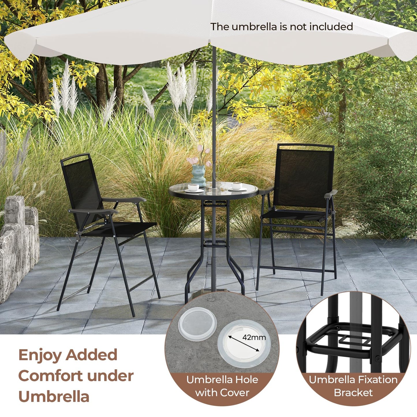 1 DPC Top Bar Table and Umbrella Hole with 2 Folding Chairs