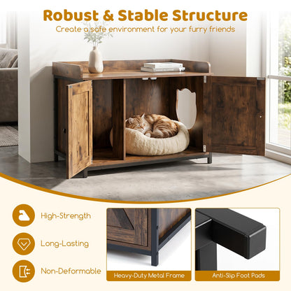 Cat Litter Box Enclosure with 2 Barn Doors Metal Legs and Side Entrance