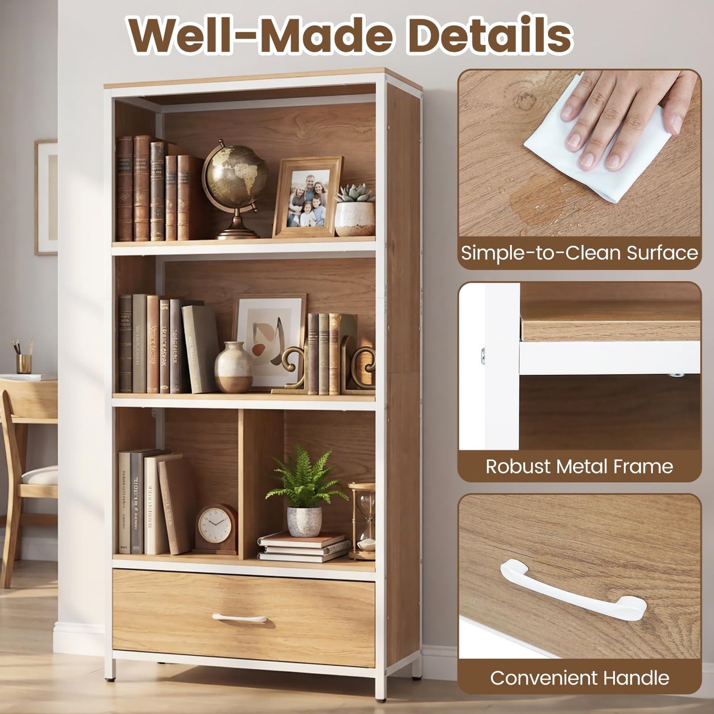 5-Tier Bookshelf, Freestanding Storage Bookcase Cabinet with 4 Storage Compartments
