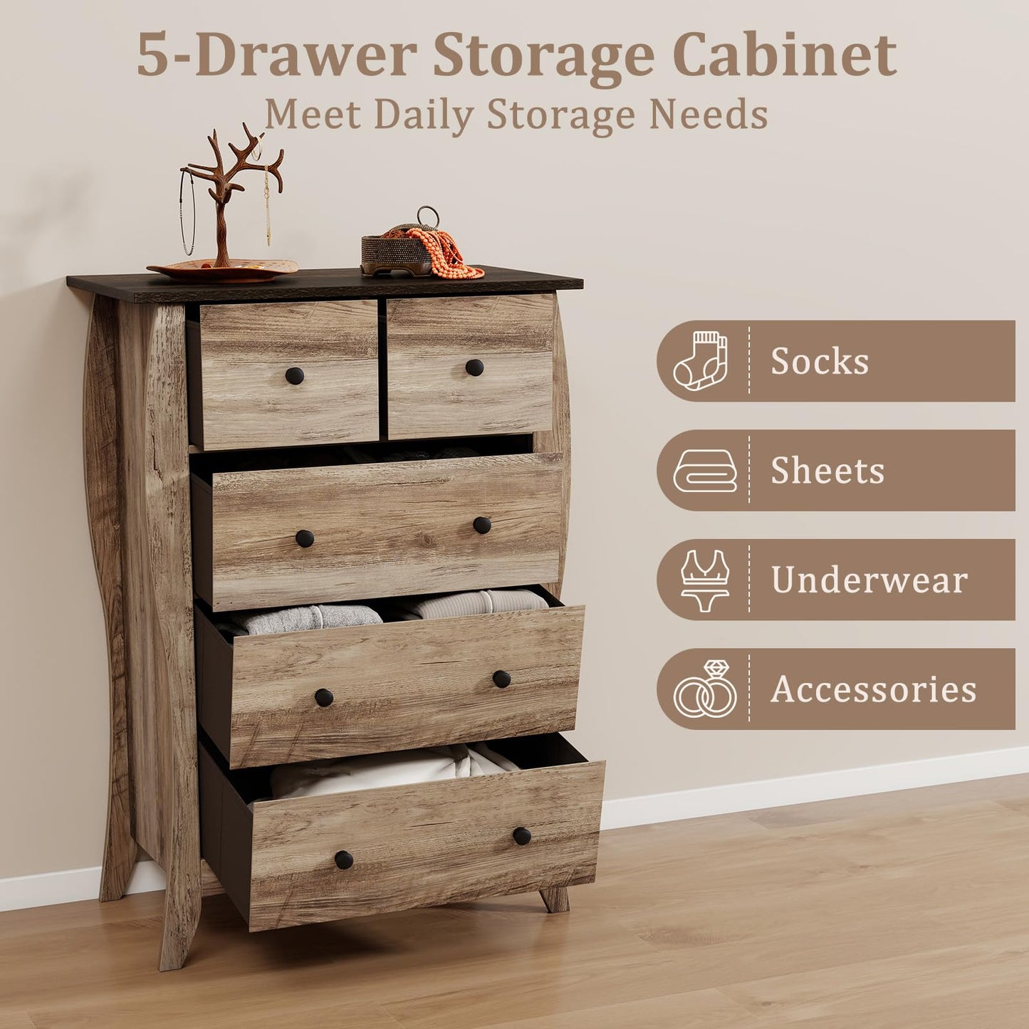 Farmhouse Chest of Drawers with 5 Folding Fabric Drawers and Anti-tipping Kit