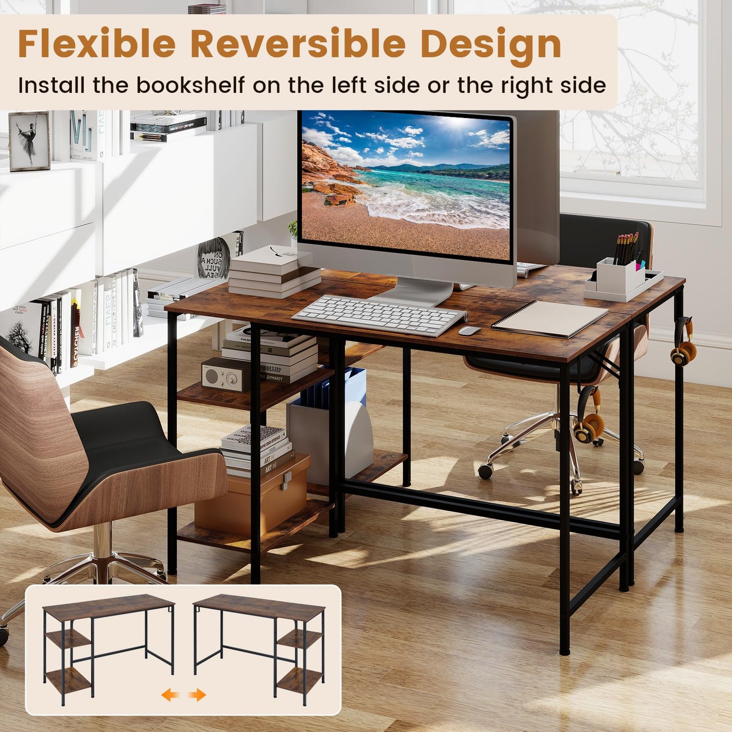 120 cm Reversible Home Office Desk with Headphone Hook and Shelves