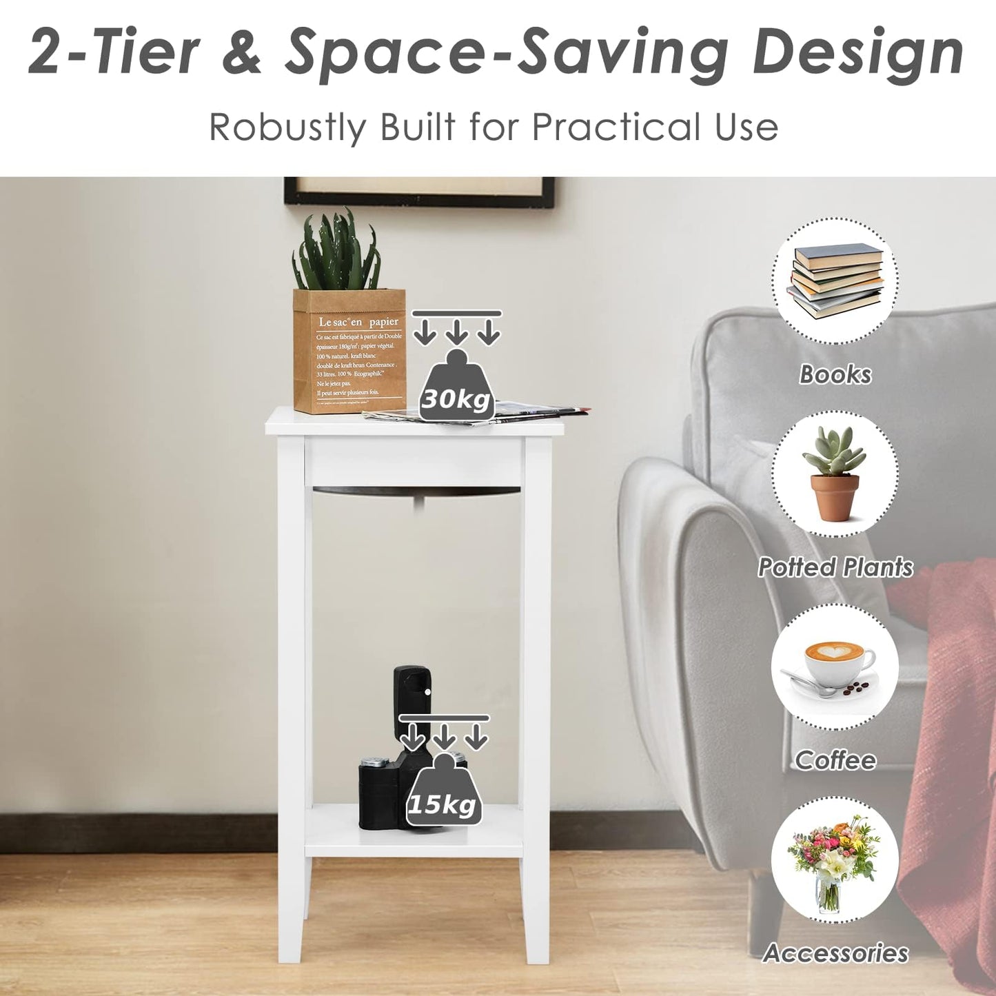 40x30x74cm Wooden Narrow Nightstand Sofa Side Table with Storage Shelves