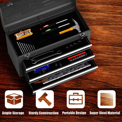 Portable Steel Tool Box with 3 Drawers and Top Storage Tray