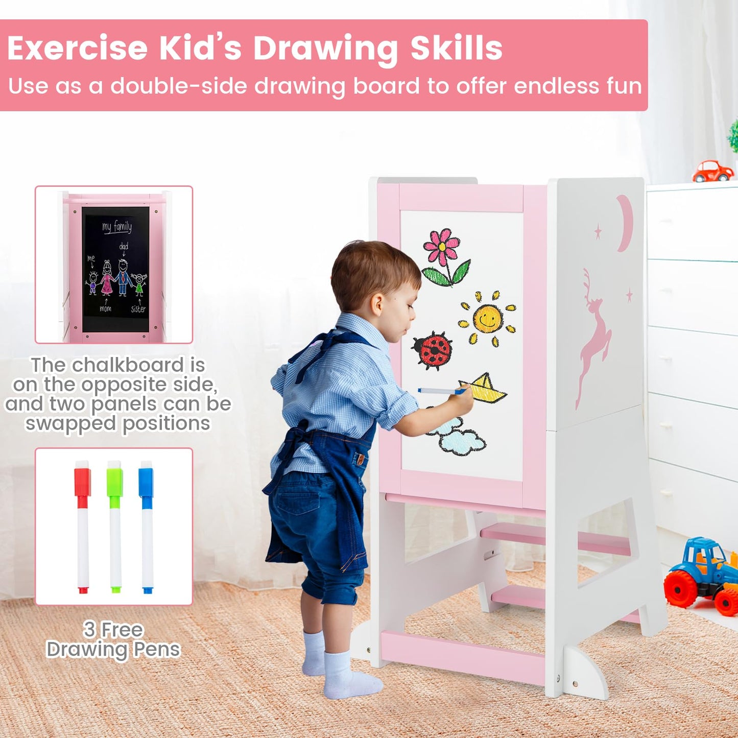 Height Adjustable Toddler Kitchen Learning Tower with Safety Rail
