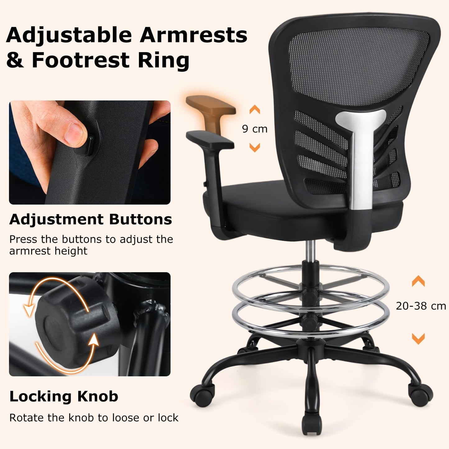 Height-adjustable Drafting Chair with Adjustable Armrests and Footrest Ring