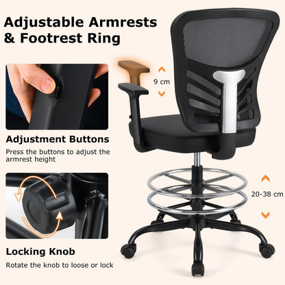 Height-adjustable Drafting Chair with Adjustable Armrests and Footrest Ring