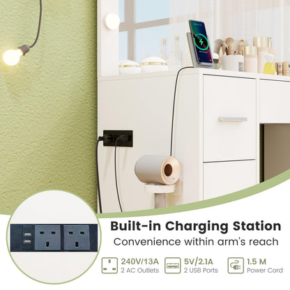 Dressing Table with 3-Color Large LED Mirror and Cushioned Storage Stool