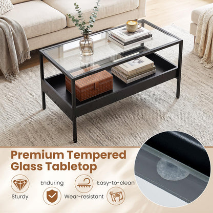 2-Tier Coffee Table with Tempered Glass Top & Storage Shelf