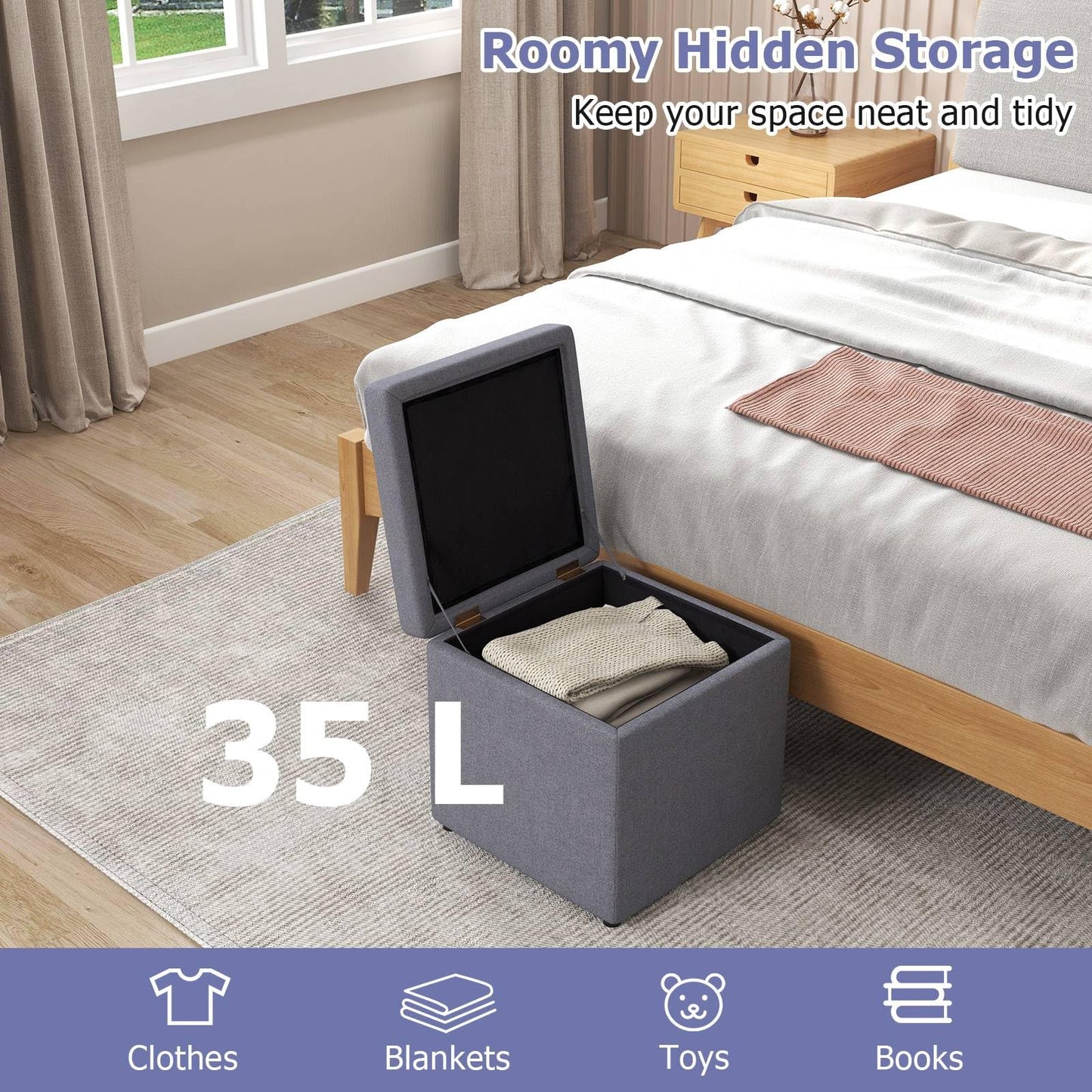 40 cm Square Storage Ottoman Linen Fabric Footstool with Lid