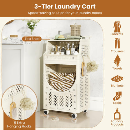 3/4-Tier Laundry Basket Trolley on Wheels, Foldable Laundry Hamper Cart
