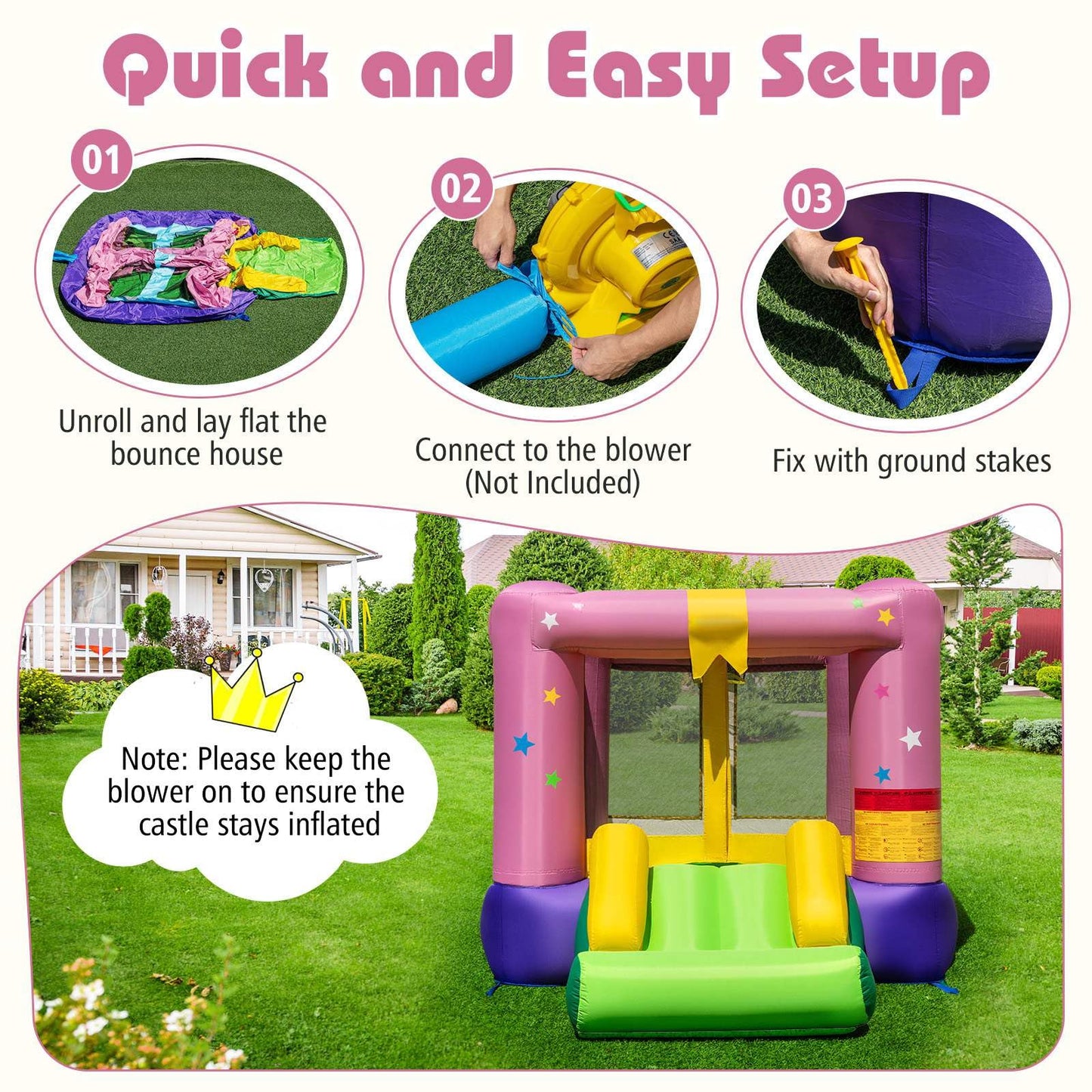 Inflatable Bounce House with Slide and Basketball Rim Without Blower